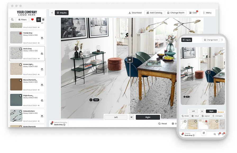 Tilesview Visualizer zeigt einen Raum vorher und nachher auf Desktop und Mobilgeräten